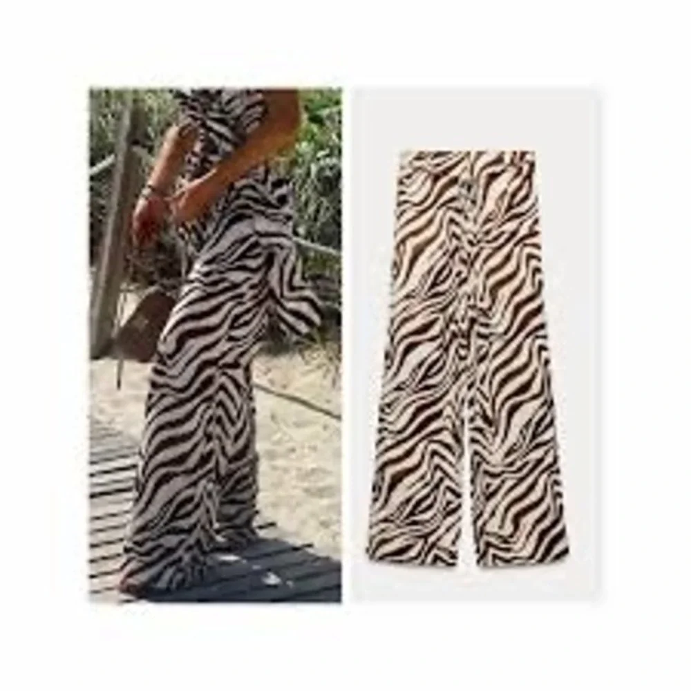 Zara Brown Zebra Print Wide Leg Pants NWT High Rise Linen XS 3067/501 Blogger